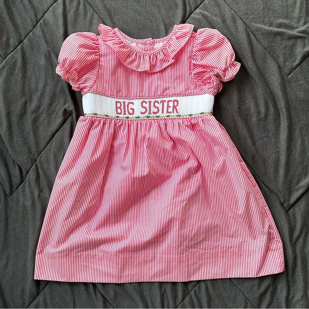 Pink 'Big Sister' Smocked Short Sleeve Girls' Dress